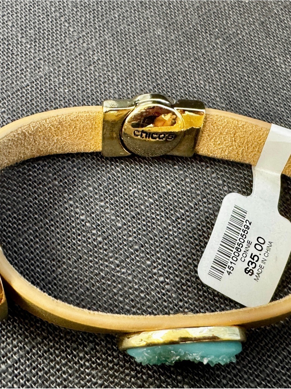 Chico's Gold Leather Bracelet with Aqua Green Druzy Stone - Picture 2 of 7